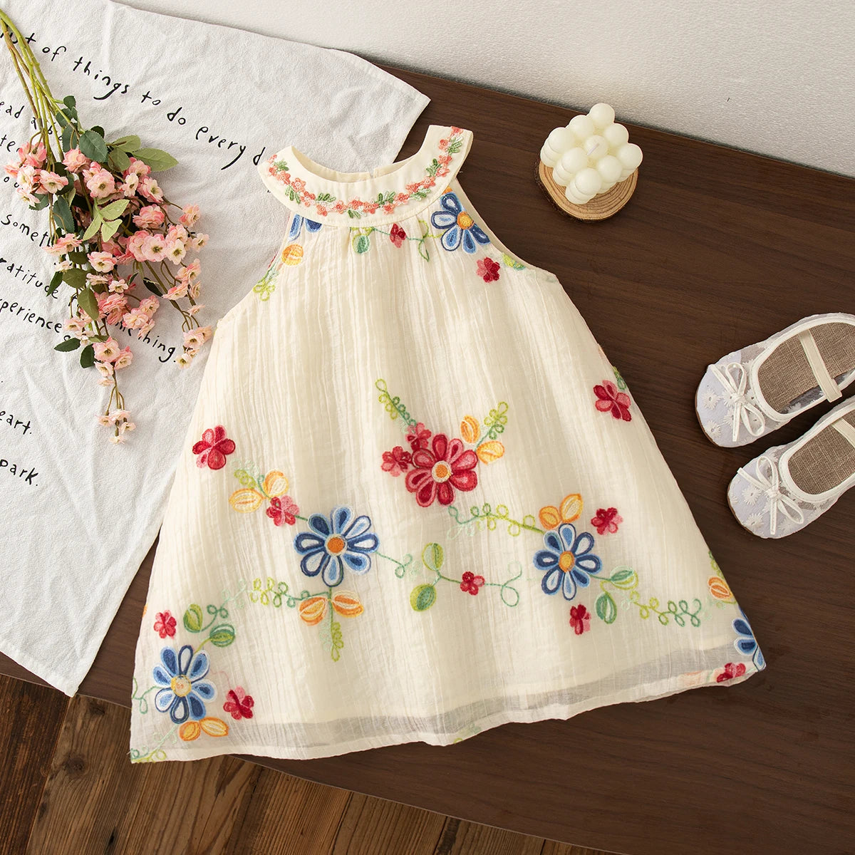 Embroidered Baby Girl Summer Dress - Floral Cotton Sleeveless A-Line Toddler Dress (6M - 4T)