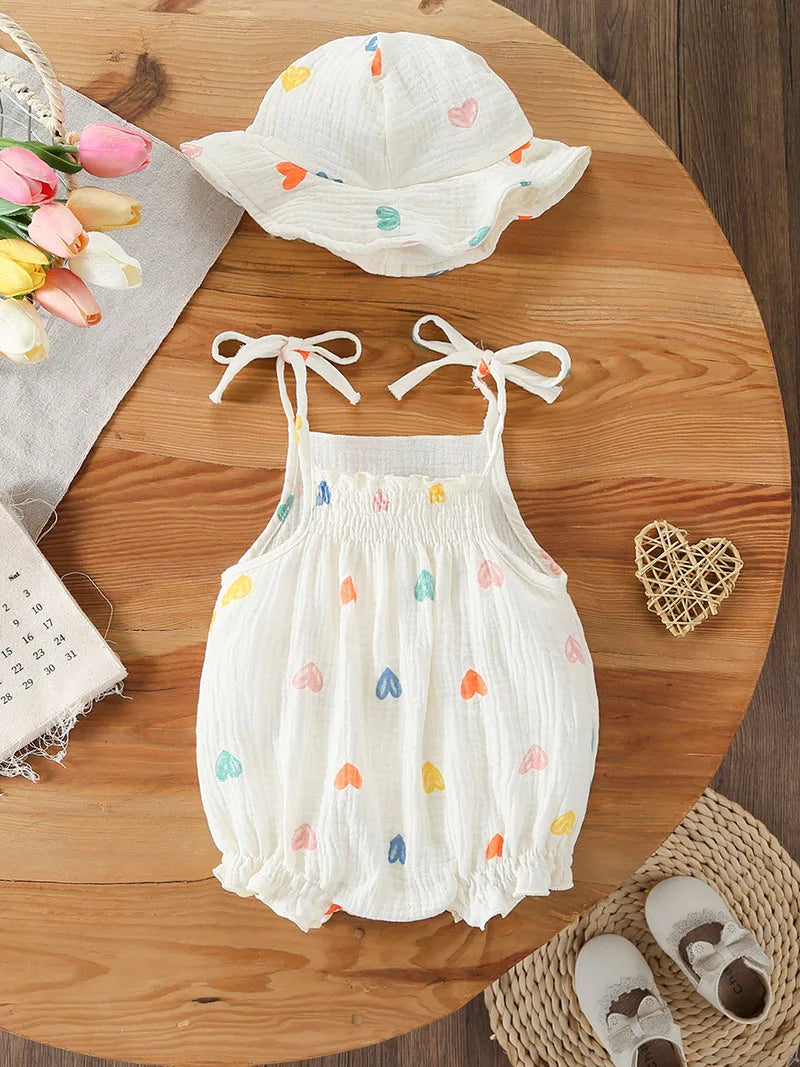 Baby Girl Muslin Cotton Romper & Sun Hat Set - Floral 2-Piece Summer Bodysuit (3-18M)