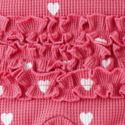 Baby Girl Heart Print Waffle Knit Footed Romper & Headband Set - Ruffled Zipper Sleeper