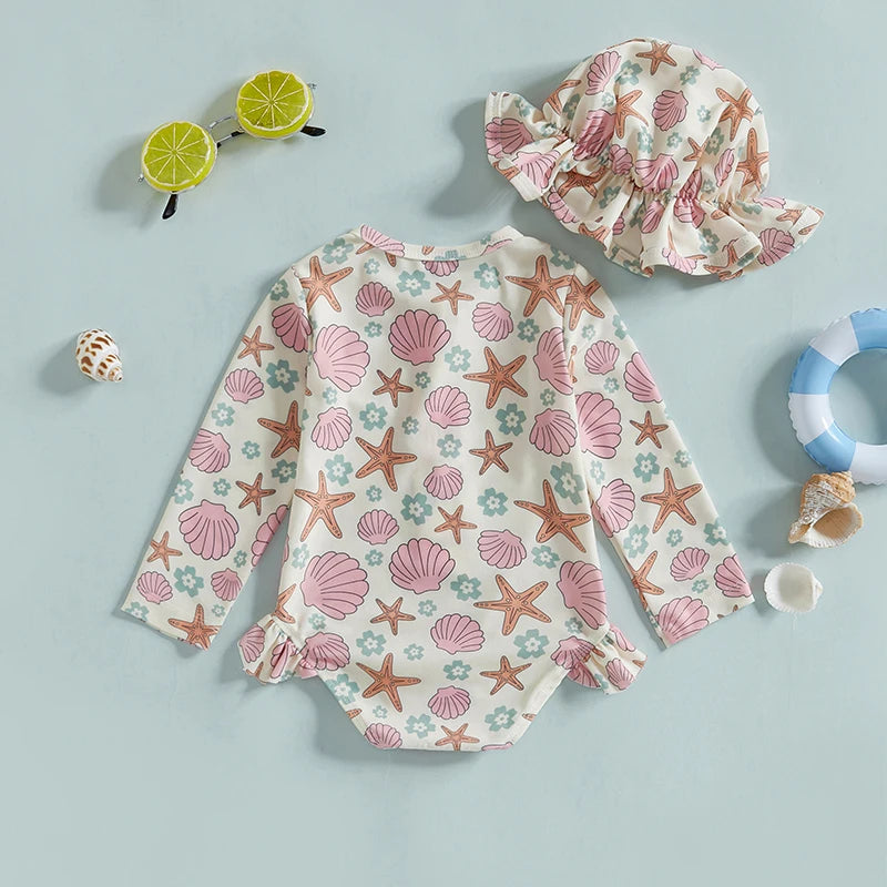 Baby & Toddler Girls Long Sleeve Rash Guard Swimsuit with Sun Hat - 2-Piece Set, Shell & Starfish Print, Zip-Front One Piece Bathing Suit (6M-4T)