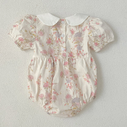 Pink Floral Smocked Sister Matching Outfits - Puff Sleeve Cotton Romper & Princess Dress (3M-6T)