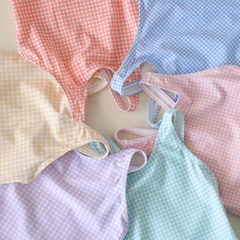 Vintage Gingham One-Piece Swimsuit & Matching Swim Cap Set for Baby & Toddler Girls (9M - 8Y)