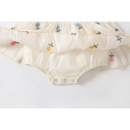 Baby Girl Floral Embroidered Cotton Romper Dress with Matching Headband | Flutter Sleeve Summer Toddler Outfit (3-24M)