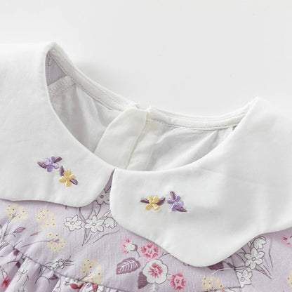Girls Floral Embroidery 100% Cotton Long Sleeve Dress - Peter Pan Collar A-Line (Size 18M-9Y)