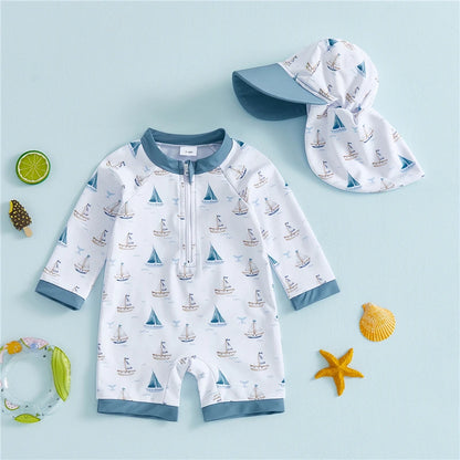 Nautical Sailboat Rash Guard Swimsuit & Sun Hat Set - Long Sleeve Ivory (3M - 5T)