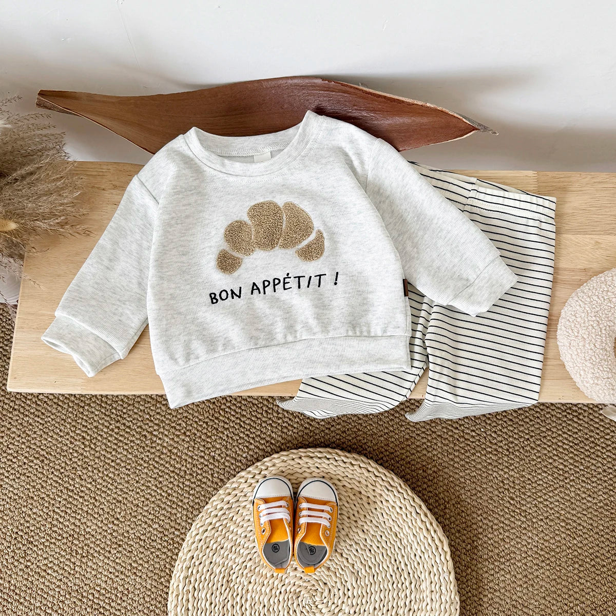 Bon Appétit Croissant Baby Set | French Style Cotton Top & Striped Leggings (6M-3T)
