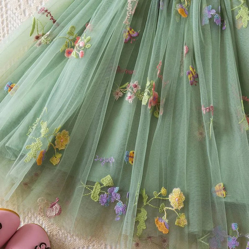 NEW 2026 Baby & Toddler Girls Fairy Floral Embroidered Mesh Tutu Dress - Sage Green Princess Sling Dress (9M-5T)