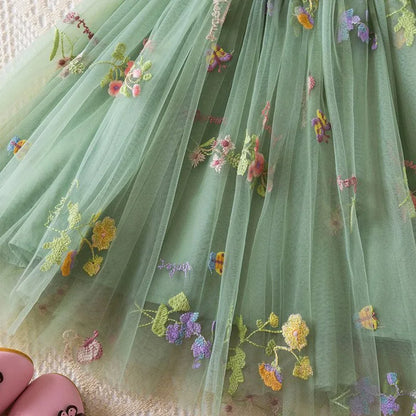 NEW 2026 Baby & Toddler Girls Fairy Floral Embroidered Mesh Tutu Dress - Sage Green Princess Sling Dress (9M-5T)