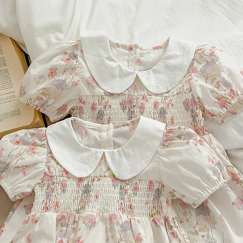 Pink Floral Smocked Sister Matching Outfits - Puff Sleeve Cotton Romper & Princess Dress (3M-6T)