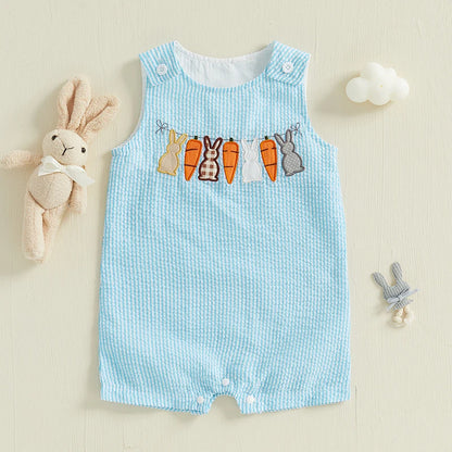 Baby & Toddler Easter Bunny Seersucker Romper - Sleeveless Carrot Embroidered Jumpsuit (3M-3T)