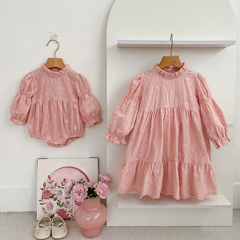 Toddler & Girls Pink Floral Embroidered Long Sleeve Tiered Dress (2T-6T)