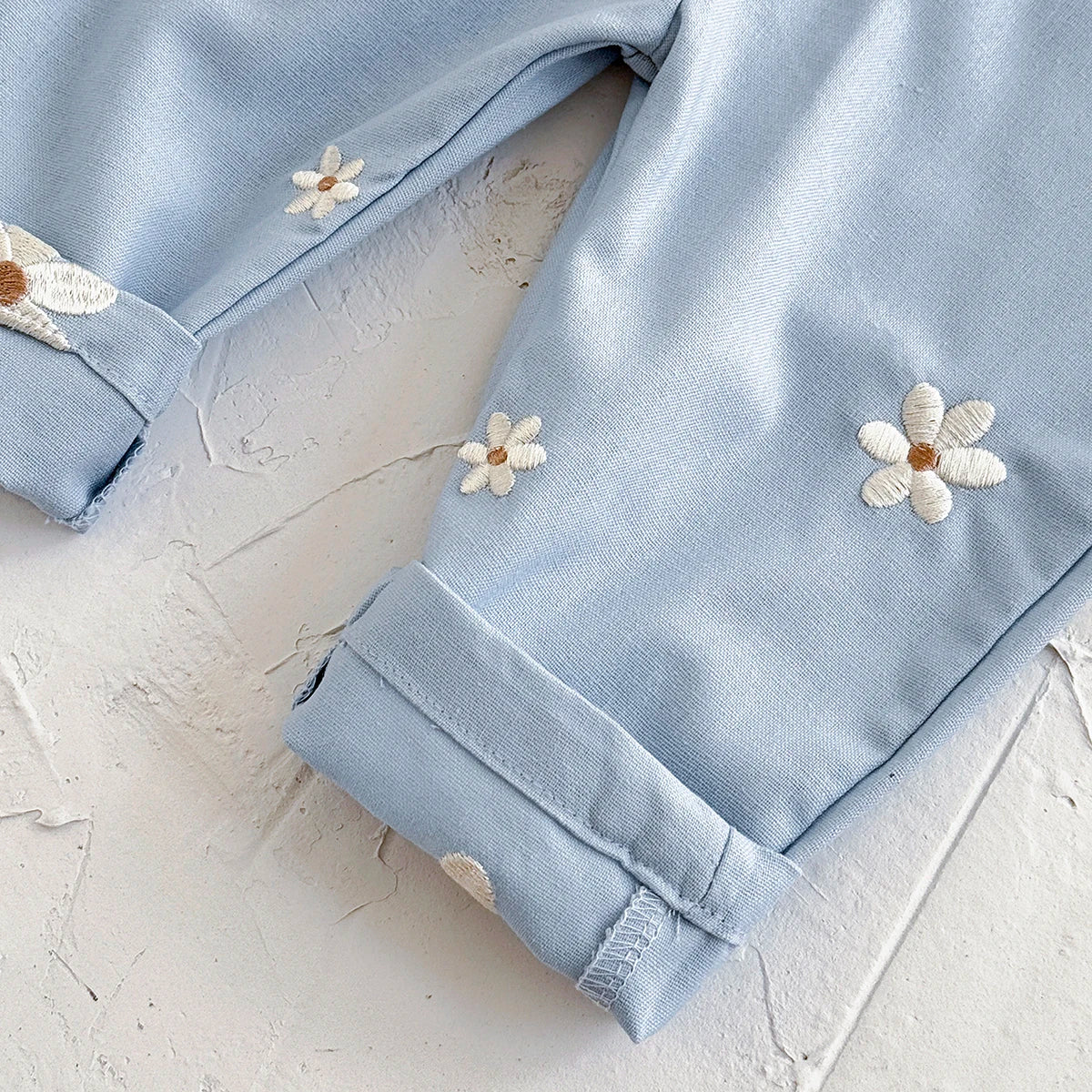 Toddler Blue Daisy Overalls - Floral Embroidered Baby Jumpsuit with Pockets (6M-3T)