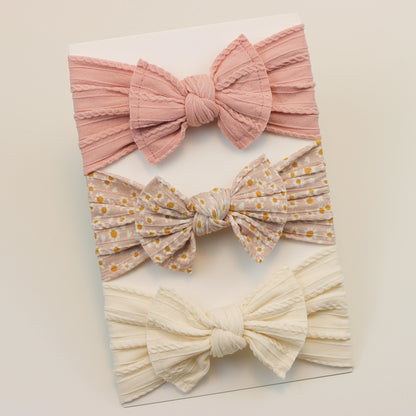 3-Pack Baby Nylon Headbands - Soft Cable Knit Stretchy Bows for Infants & Toddlers (0-3T)