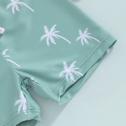 Dinosaur & Palm Tree Swim Trunks | Quick-Dry Board Shorts | Teal & Ivory White | (6M-4T)