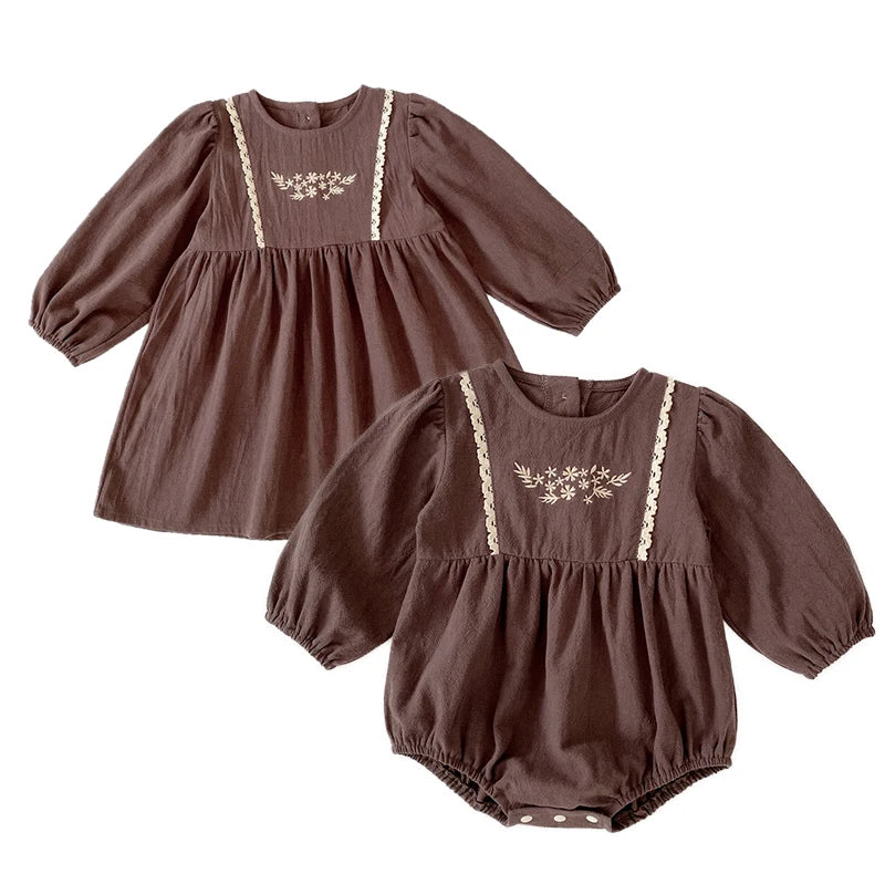 Toddler & Girls Brown Floral Embroidered Cotton Long Sleeve Dress (2T-6T)