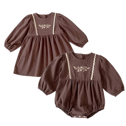 Toddler & Girls Brown Floral Embroidered Cotton Long Sleeve Dress (2T-6T)