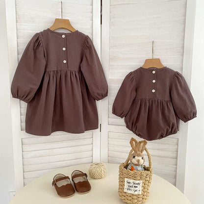 Toddler & Girls Brown Floral Embroidered Cotton Long Sleeve Dress (2T-6T)