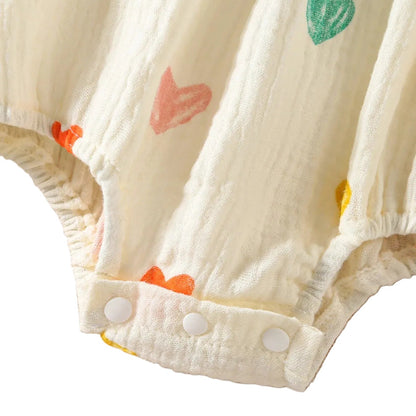 Baby Girl Muslin Cotton Heart Print Romper & Sun Hat Set - Ruffle Summer Bodysuit (3-18M)