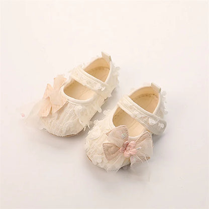 Baby Girl Princess Floral First Walker Shoes - Soft Sole Infant Crib Flats with Bow & Petal Detail, (3-12M)