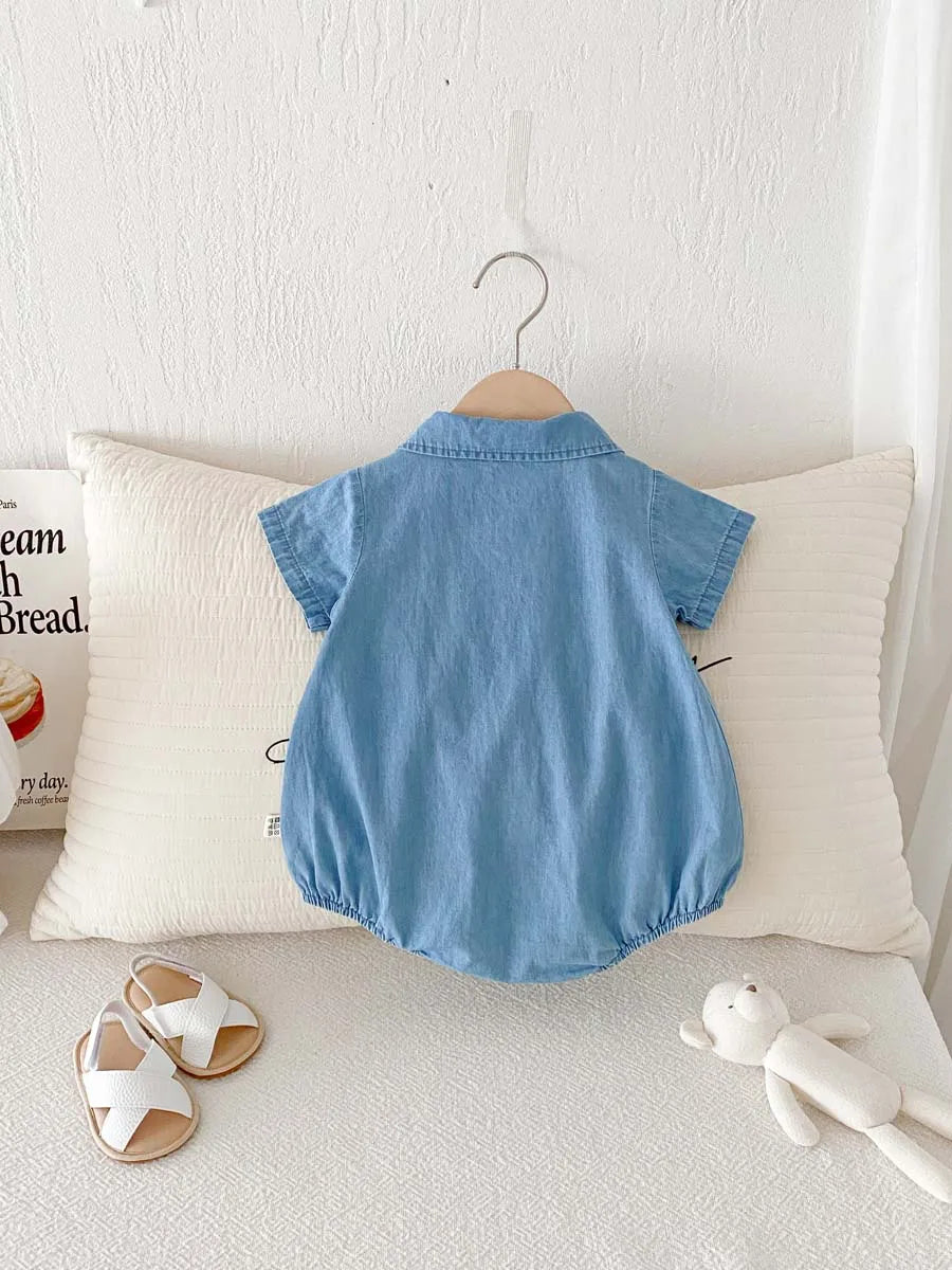 Baby Boy Korean Style Cotton Romper - Short Sleeve Lapel Shirt Jumpsuit with Bow Tie (0-24 Months)