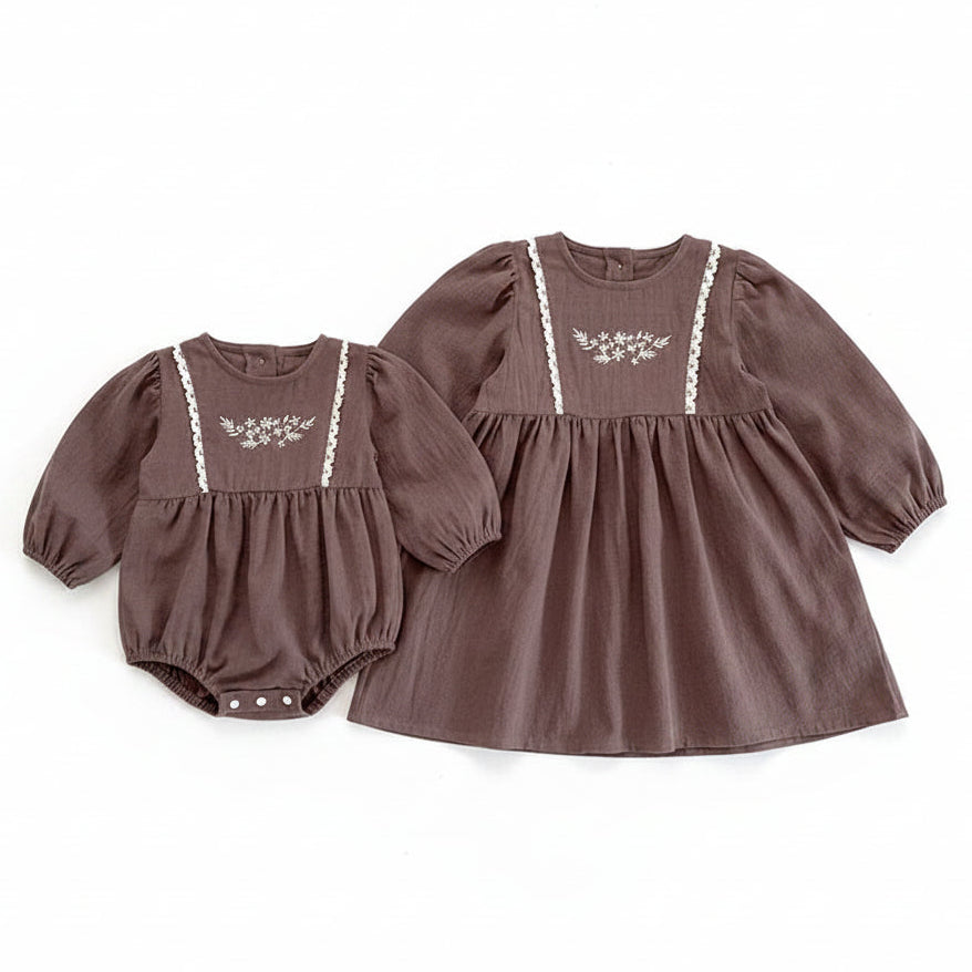 Toddler & Girls Brown Floral Embroidered Cotton Long Sleeve Dress (2T-6T)