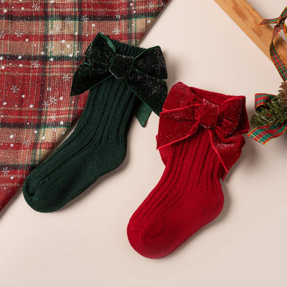 Baby & Toddler Girls Christmas Velvet Bow Socks – Kids Festive Ribbed Knit Stockings (0–8 Years)