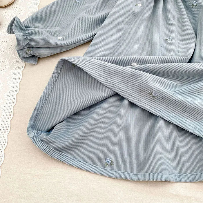 Sister Matching Floral Outfits: Blue Corduroy Embroidered Baby Romper & Girls Princess Dress - Coordinated Sister Boutique Set