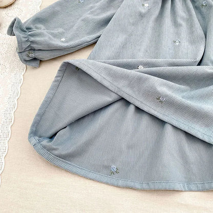 Sister Matching Floral Outfits: Blue Corduroy Embroidered Baby Romper & Girls Princess Dress - Coordinated Sister Boutique Set