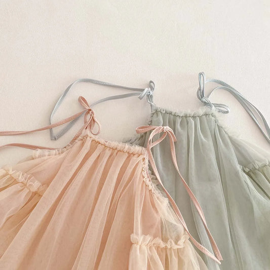 Girls Mesh Tulle Princess Dress - Summer Strap Party Sun Dress (6M-3T)