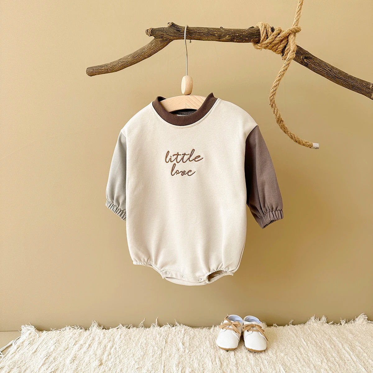 Little Love Embroidered Neutral Bubble Romper - Earth Tone Sweatshirt Bodysuit (1-18M)