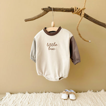 Little Love Embroidered Neutral Bubble Romper - Earth Tone Sweatshirt Bodysuit (1-18M)