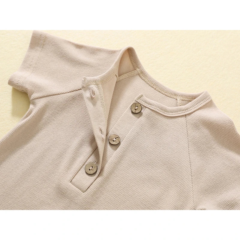 Baby Boy Boutique Ribbed Henley Romper - Knit Cotton Jumpsuit with Natural Wood Buttons (3-24M)