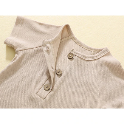 Baby Boy Boutique Ribbed Henley Romper - Knit Cotton Jumpsuit with Natural Wood Buttons (3-24M)