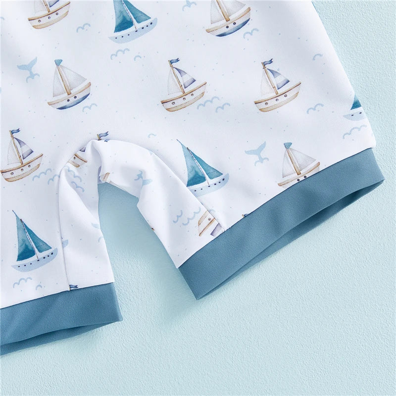 Nautical Sailboat Rash Guard Swimsuit & Sun Hat Set - Long Sleeve Ivory (3M - 5T)