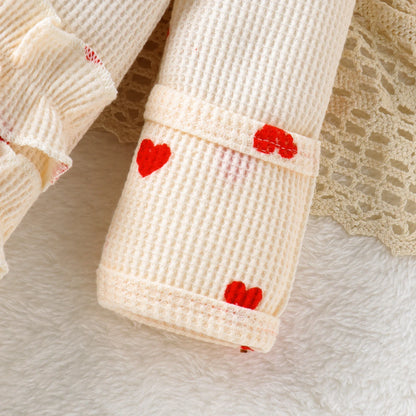 Baby Girl Heart Print Waffle Knit Footed Romper & Headband Set - Ruffled Zipper Sleeper