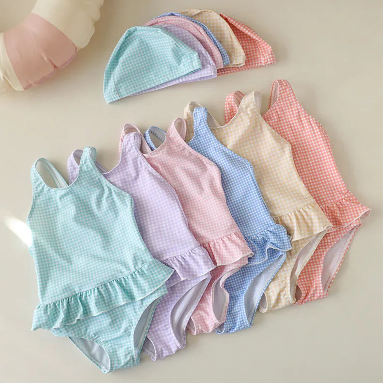 Vintage Gingham One-Piece Swimsuit & Matching Swim Cap Set for Baby & Toddler Girls (9M - 8Y)