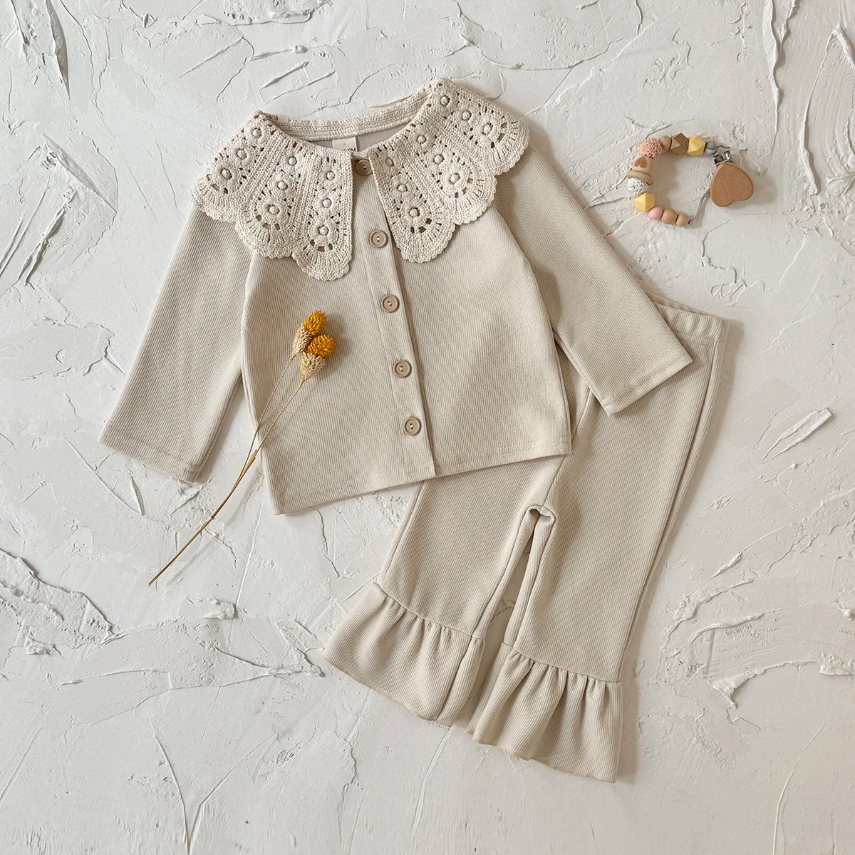 Toddler Girls Ribbed Knit Cardigan & Flare Pants Set with Crochet Lace Collar – 2-Piece Spring Outfit (6M-3T)