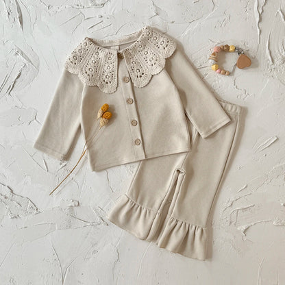 Toddler Girls Ribbed Knit Cardigan & Flare Pants Set with Crochet Lace Collar – 2-Piece Spring Outfit (6M-3T)