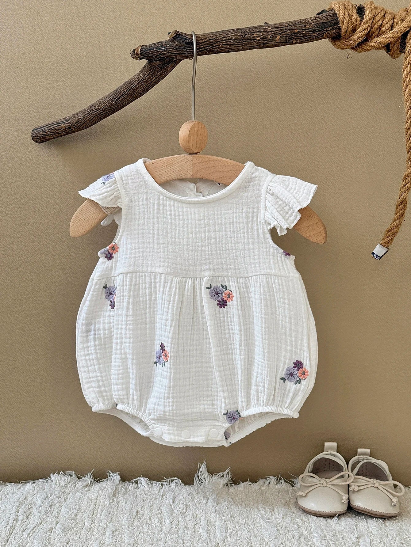 Summer Embroidered Floral Baby Romper - White Cotton Muslin Ruffle Sleeve Bodysuit (6-18M)