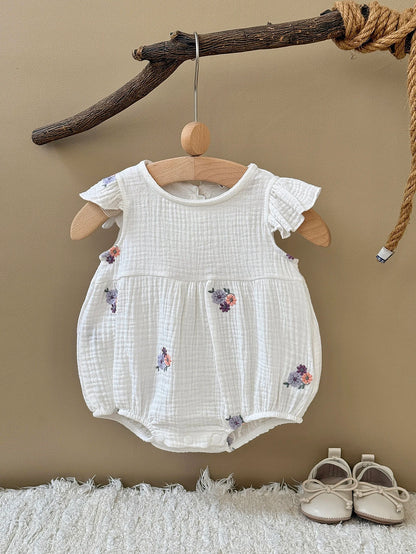 Summer Embroidered Floral Baby Romper - White Cotton Muslin Ruffle Sleeve Bodysuit (6-18M)