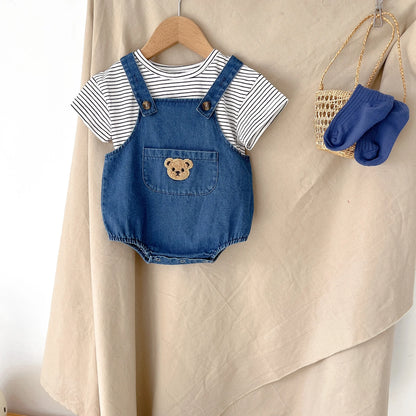 Unisex Baby Striped T-Shirt and Denim Bear Romper Set - 2pc Summer Toddler Outfit (3M-3T)