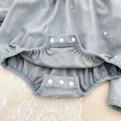 Sister Matching Floral Outfits: Blue Corduroy Embroidered Baby Romper & Girls Princess Dress - Coordinated Sister Boutique Set