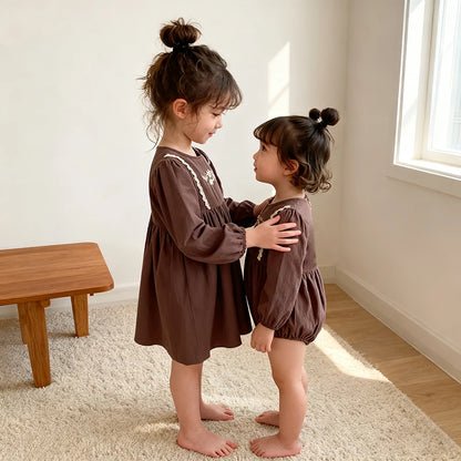 Toddler & Girls Brown Floral Embroidered Cotton Long Sleeve Dress (2T-6T)
