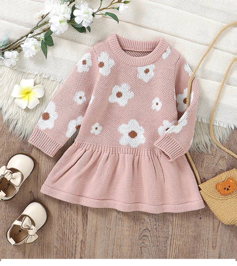 Infant & Toddler Girl Floral Knit Sweater Dress - Long Sleeve Pink Flower A-Line Skirt (6M-3T)