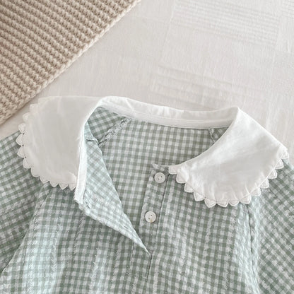 Newborn Baby Girl Sky Blue Gingham Romper - Long Sleeve Peter Pan Collar Cotton Jumpsuit (0-12 Months)