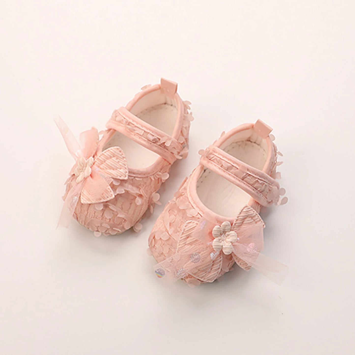 Baby Girl Princess Floral First Walker Shoes - Soft Sole Infant Crib Flats with Bow & Petal Detail, (3-12M)