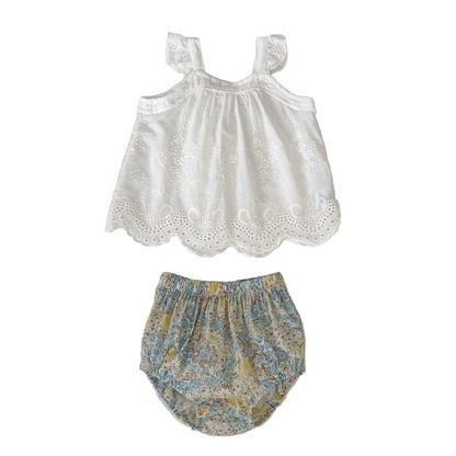 Baby Girls Floral Summer Clothing Set - 2PC Embroidered Eyelet Camisole & Ruffle Bloomer Shorts Outfit (6M-3T)