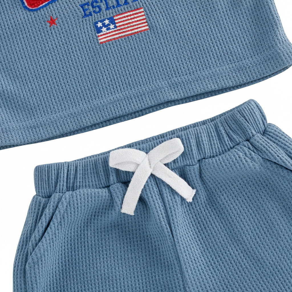 Toddler Boy 4th of July Outfit - USA Patriotic Blue Waffle Shorts Set (0-3T)