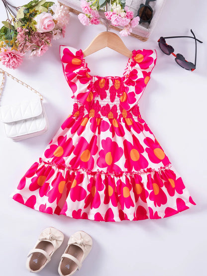 Girls Floral Summer Dress with Ruffled Sleeves & Smocked Waist (2T-6T)