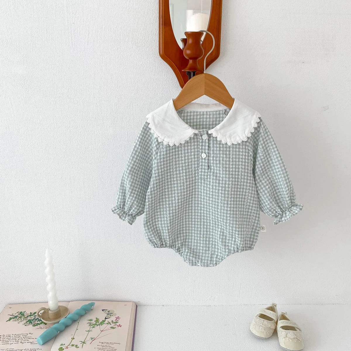 Newborn Baby Girl Sky Blue Gingham Romper - Long Sleeve Peter Pan Collar Cotton Jumpsuit (0-12 Months)